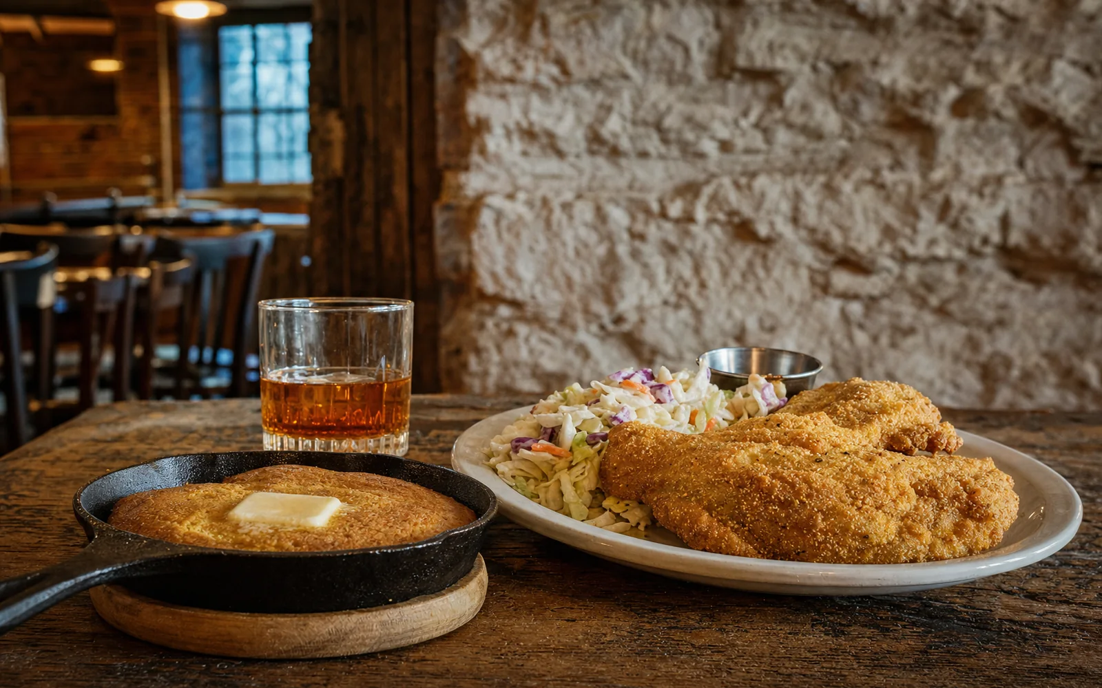 A cast-iron skillet of golden cornbread beside a plate of fried catfish on a wooden table in a warm, stone-walled dining room, AI-generated illustration