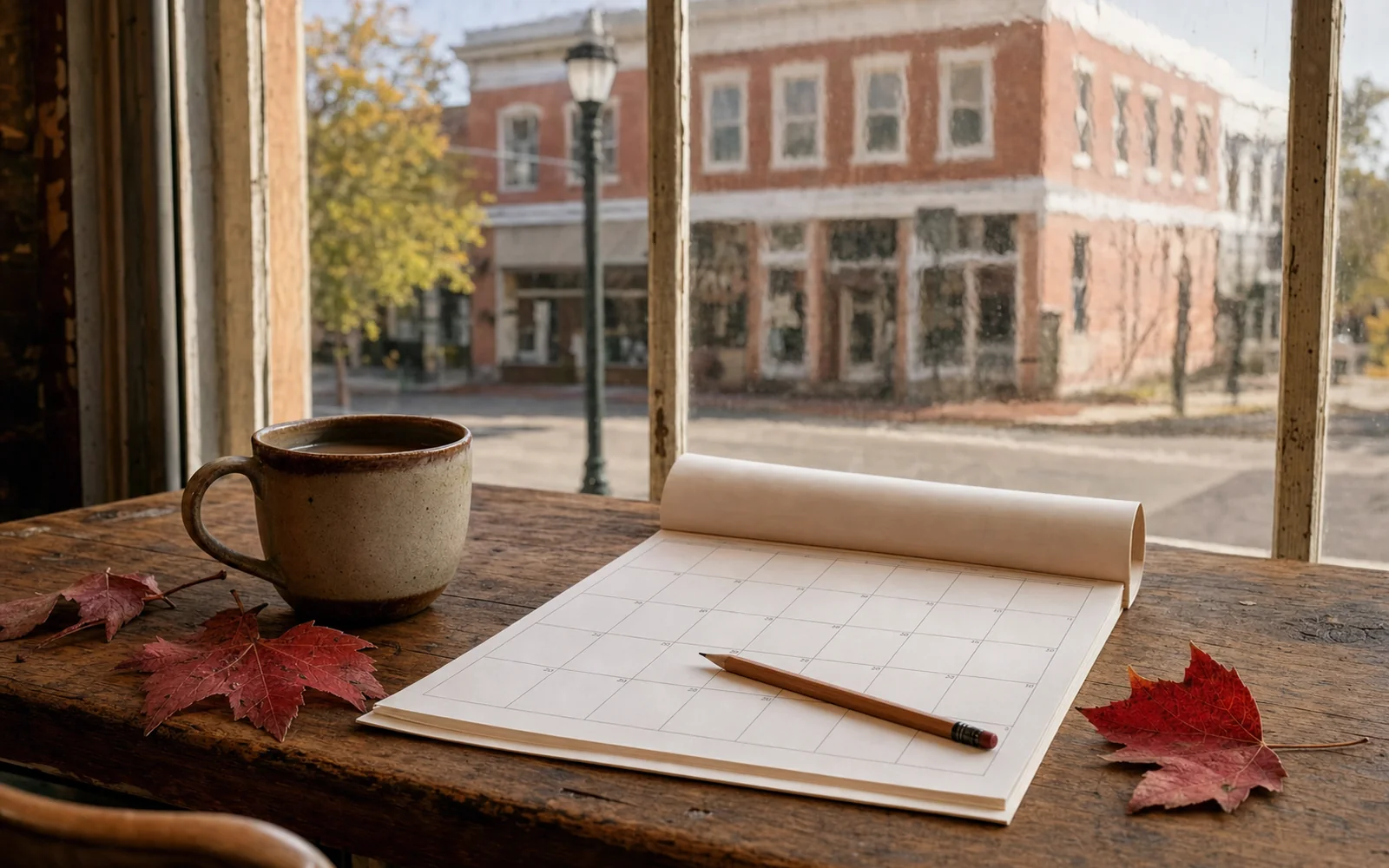 Paper wall calendar and a coffee mug on a wooden table by a window overlooking a brick street in autumn, AI-generated illustration