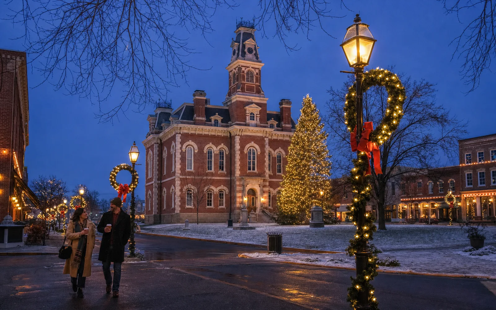 A lit Christmas tree and wreath-hung lampposts in front of an old brick courthouse on a cold December evening, AI-generated illustration