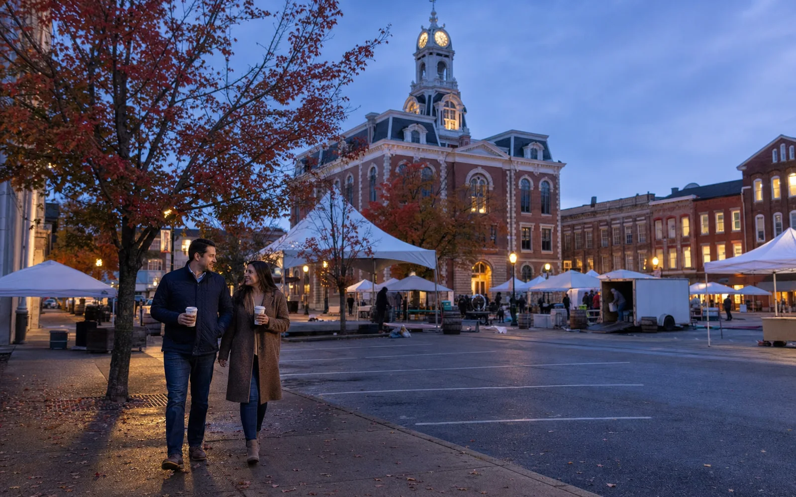 Old brick courthouse on a small-town square at dusk in autumn, strings of warm lights and people strolling on the sidewalks, AI-generated illustration