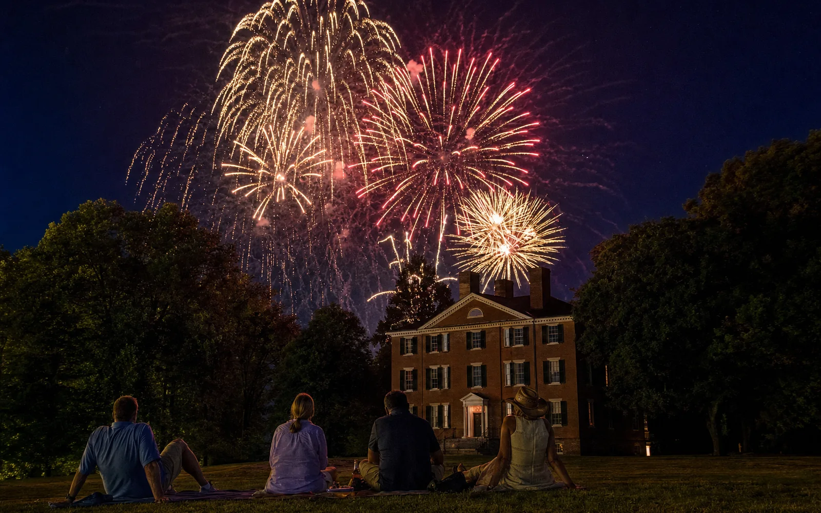 Fireworks bursting in a dark summer sky above tall trees and the silhouette of a brick mansion, AI-generated illustration