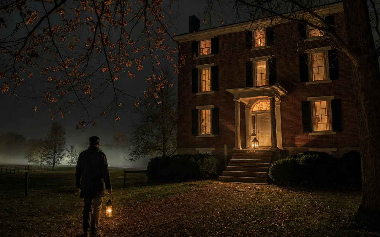 A lantern glowing on the steps of a dark red brick mansion on a misty autumn night with bare branches overhead, AI-generated illustration