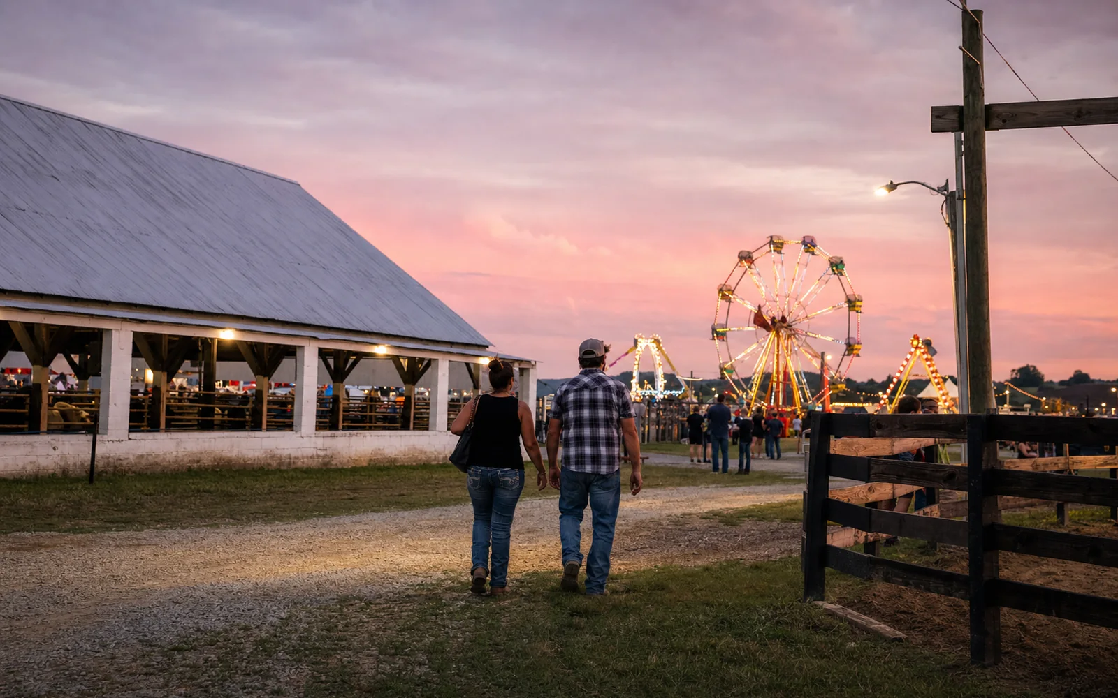 A county fair midway with a lit Ferris wheel against a summer dusk sky above a grassy fairground, AI-generated illustration