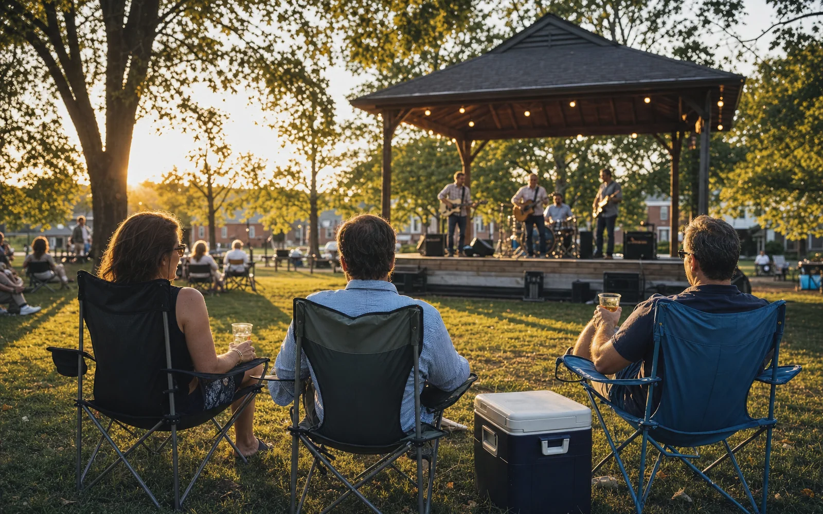 Adults on lawn chairs watching a band on a small park stage at golden hour in summer, AI-generated illustration