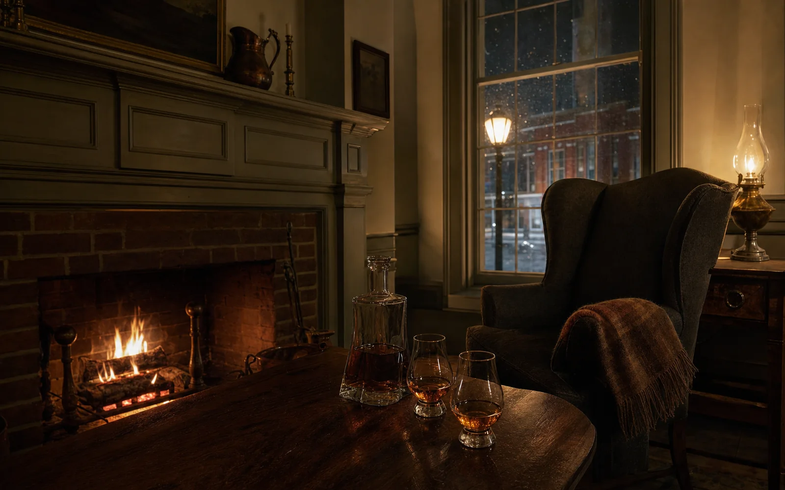 Glasses of bourbon on a wooden table beside a crackling fireplace in a historic inn parlor on a snowy evening, AI-generated illustration