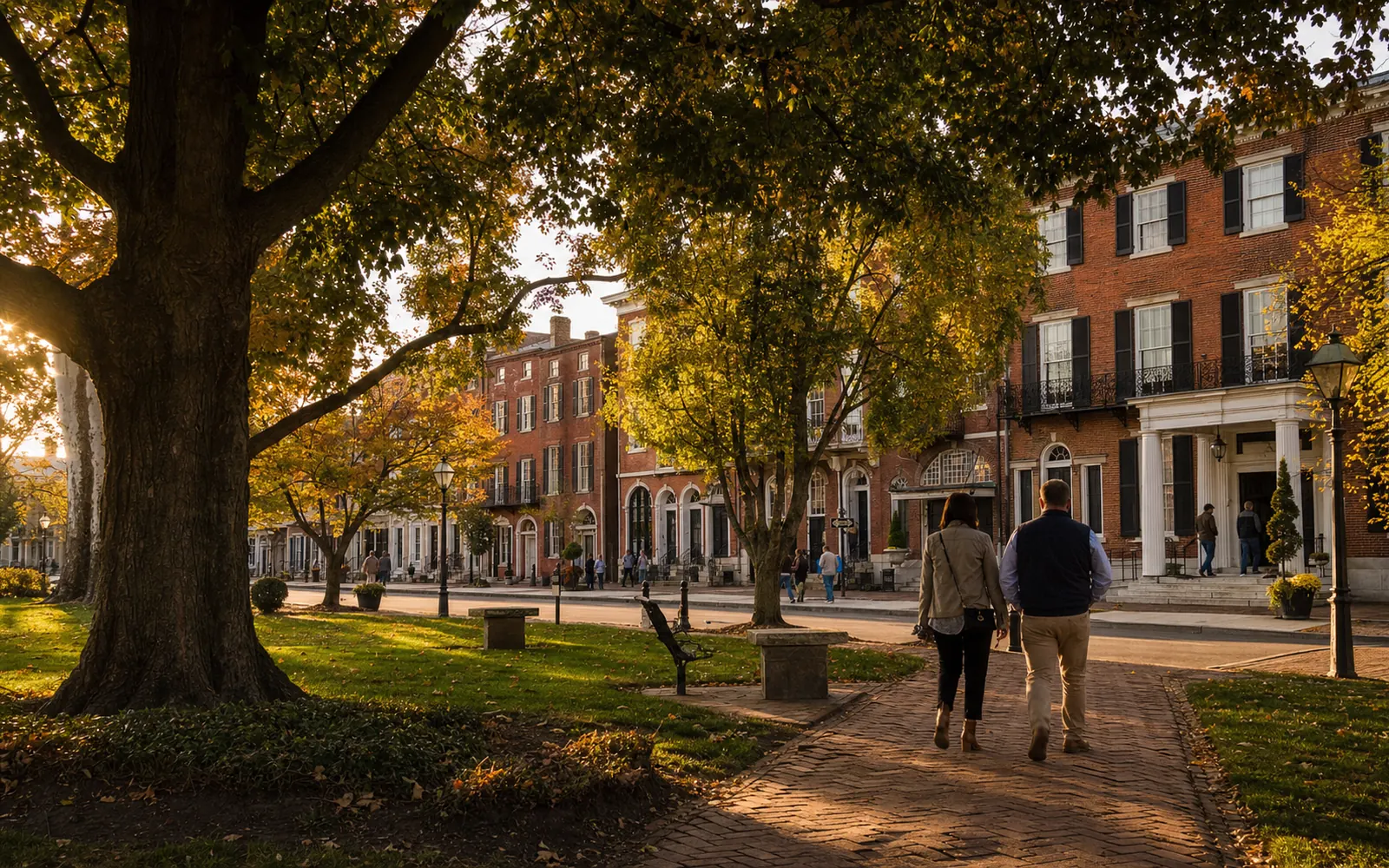 Bardstown's historic Court Square at golden hour, brick storefronts and the old courthouse under autumn trees, AI-generated illustration