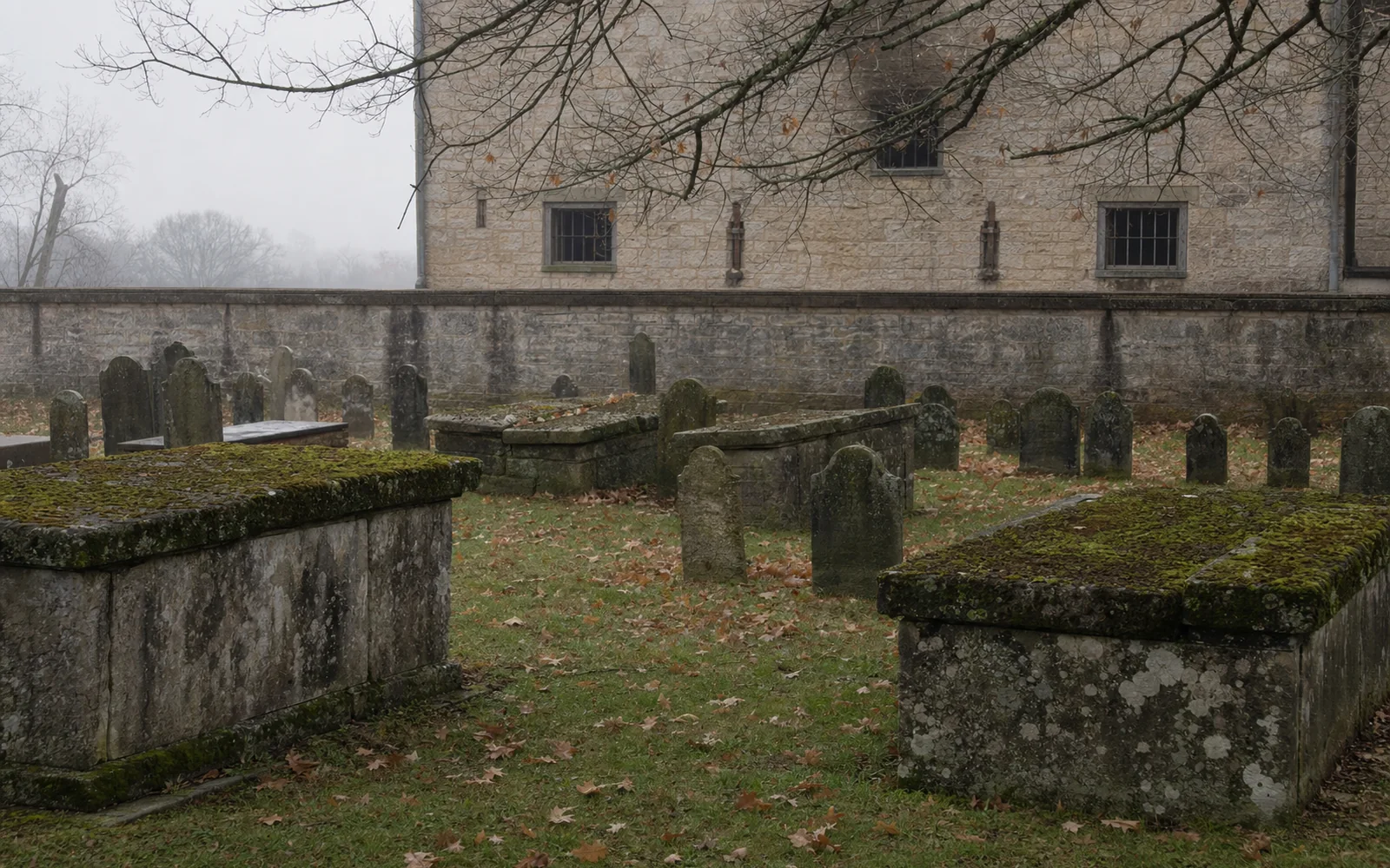 Weathered above-ground chest tombs of limestone in an old town cemetery under bare trees on a misty morning, AI-generated illustration