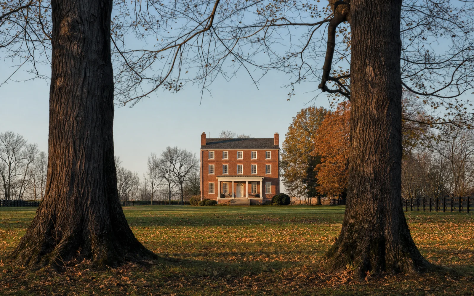 Three-story red brick Federal-style mansion seen from the far edge of its grounds through old trees in late autumn light, fallen leaves on the lawn, AI-generated illustration