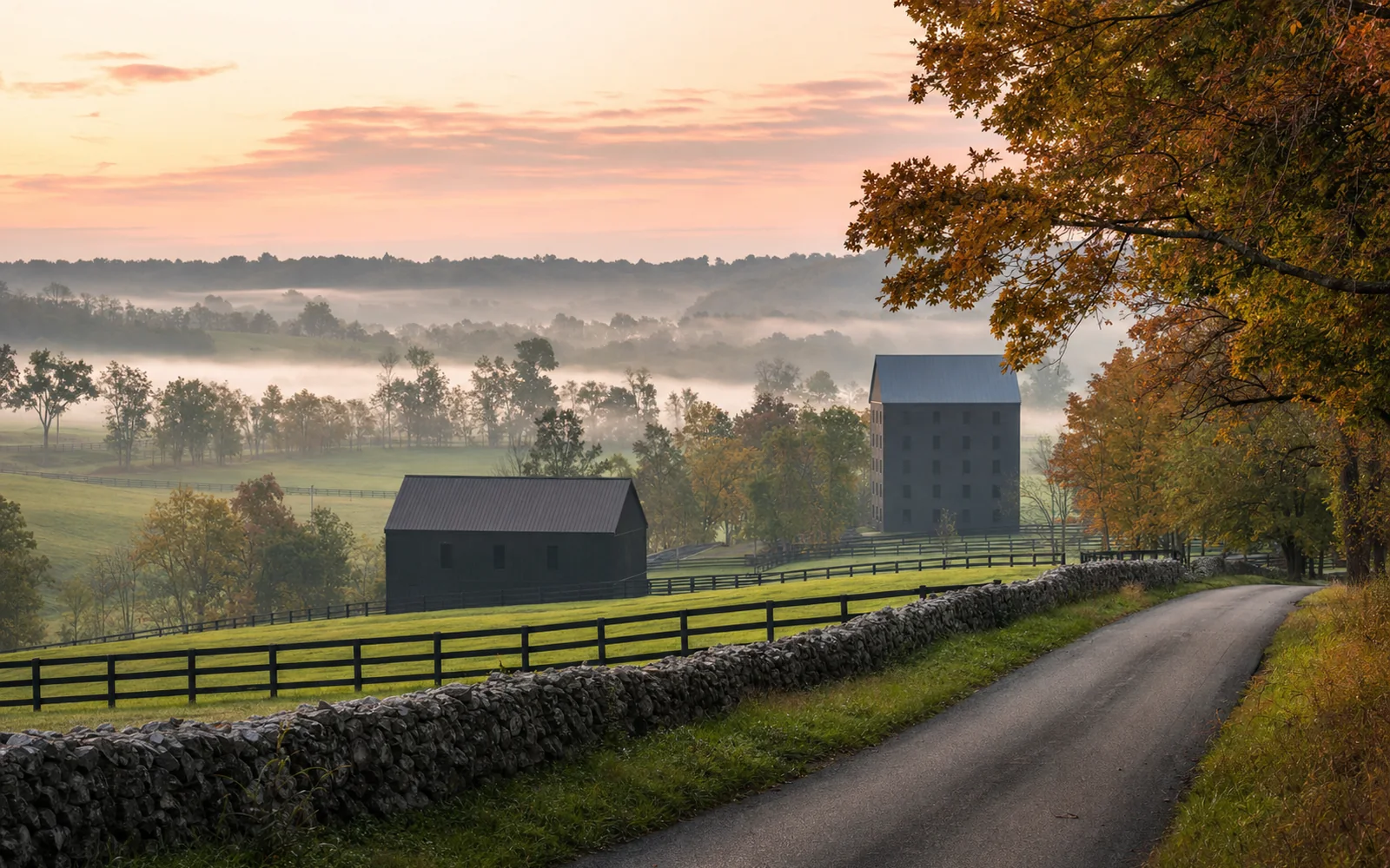 Dry-laid limestone wall along a country road through rolling autumn farmland at dawn, mist in the low fields, AI-generated illustration