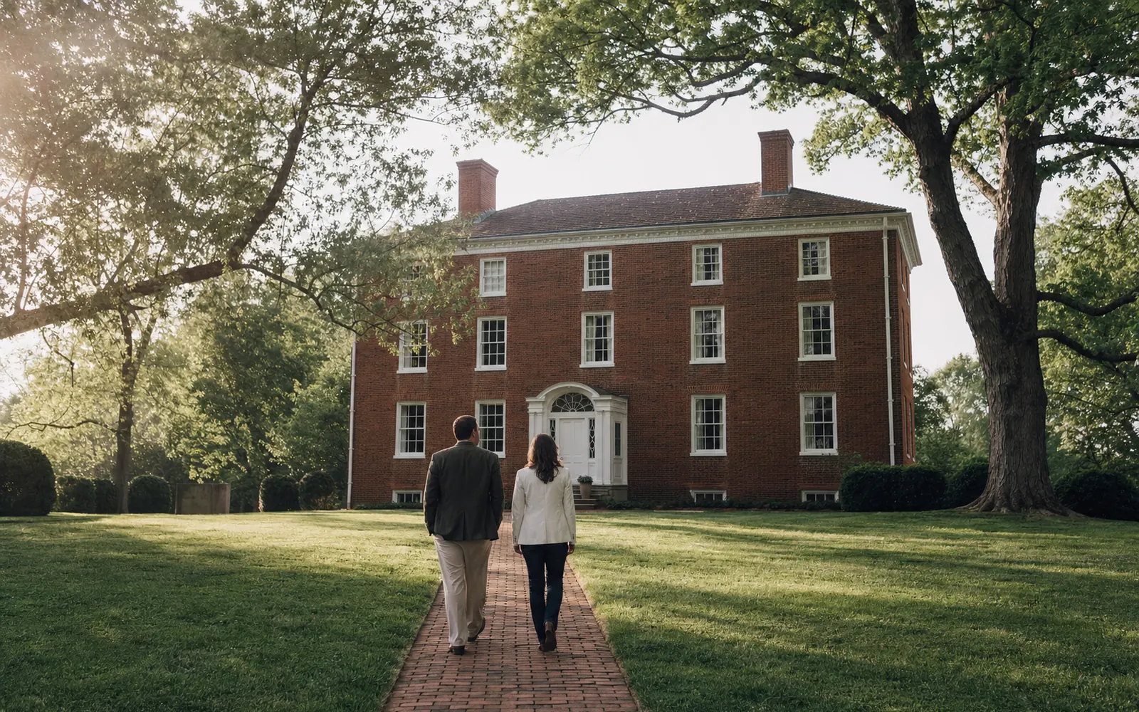 Three-story red brick Federal-style mansion with a white-trimmed central doorway behind a lawn and old trees in morning light, AI-generated illustration