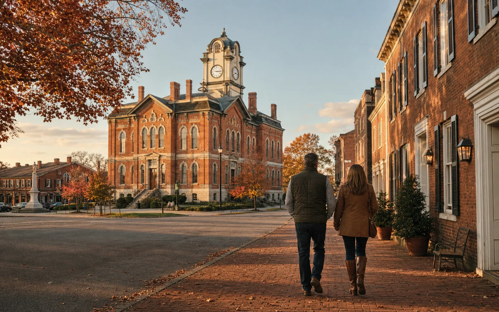Brick Federal-style storefronts and a red brick courthouse with a clock tower on a quiet town square at golden hour, AI-generated illustration