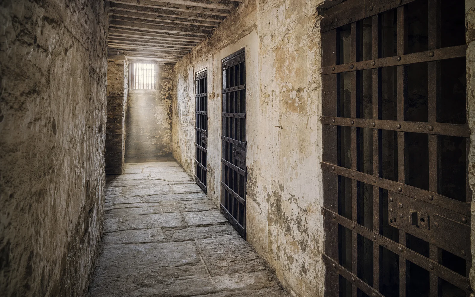 Narrow corridor of an old dry-stone jail with iron-barred cell doors and whitewashed stone walls lit by a single high window, AI-generated illustration