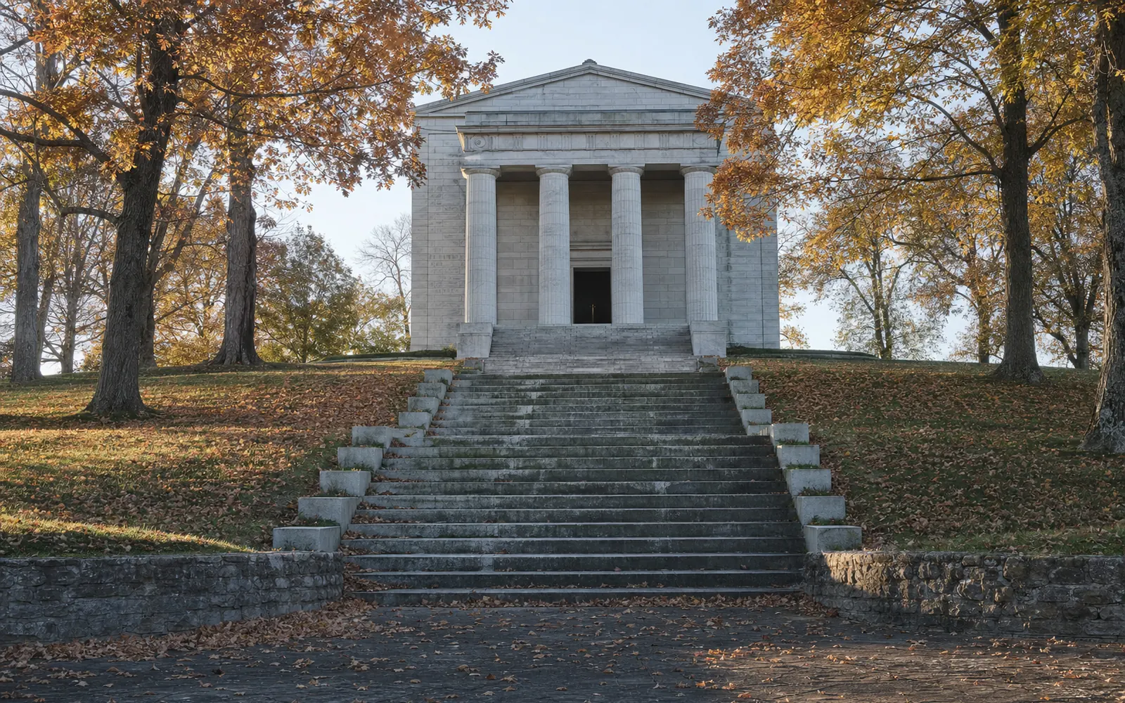 Pale neoclassical memorial building with a columned portico at the top of a long flight of stone steps, framed by autumn trees, AI-generated illustration