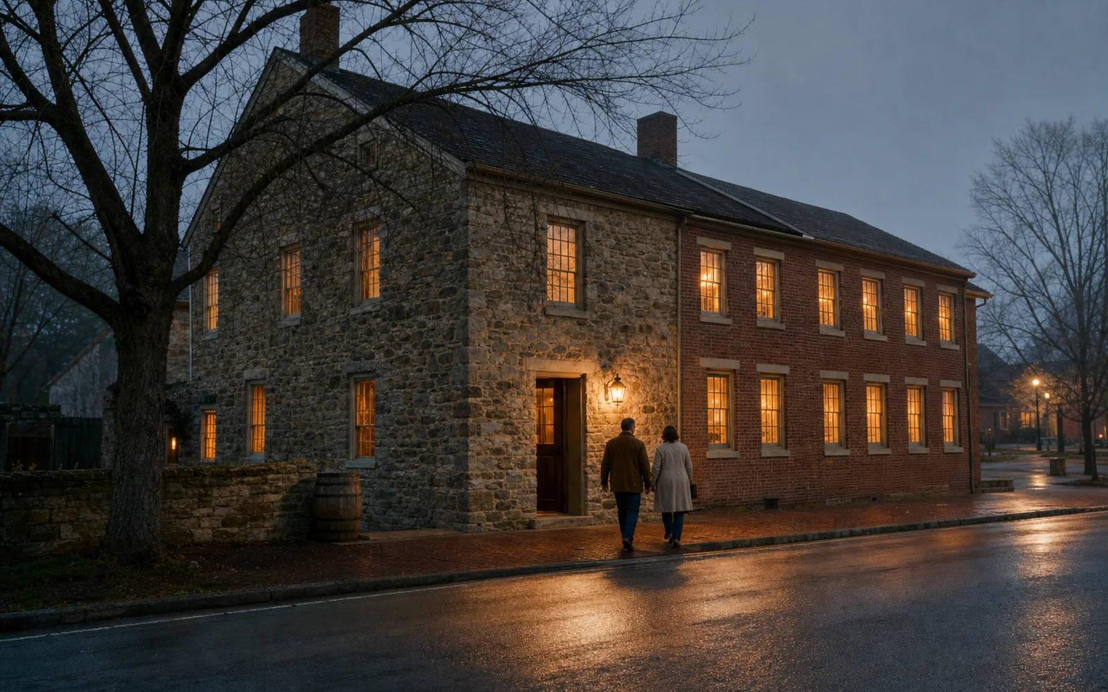 Two-story stone and brick tavern with lit windows on a town square at dusk, AI-generated illustration