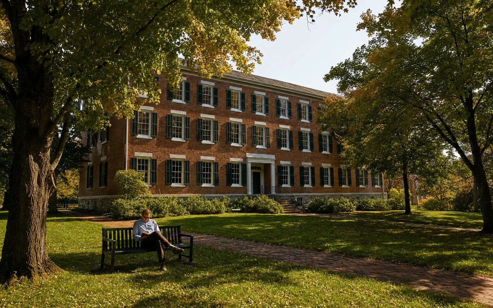Long red brick Federal-style college building with rows of shuttered windows behind a wide green lawn and shade trees, AI-generated illustration