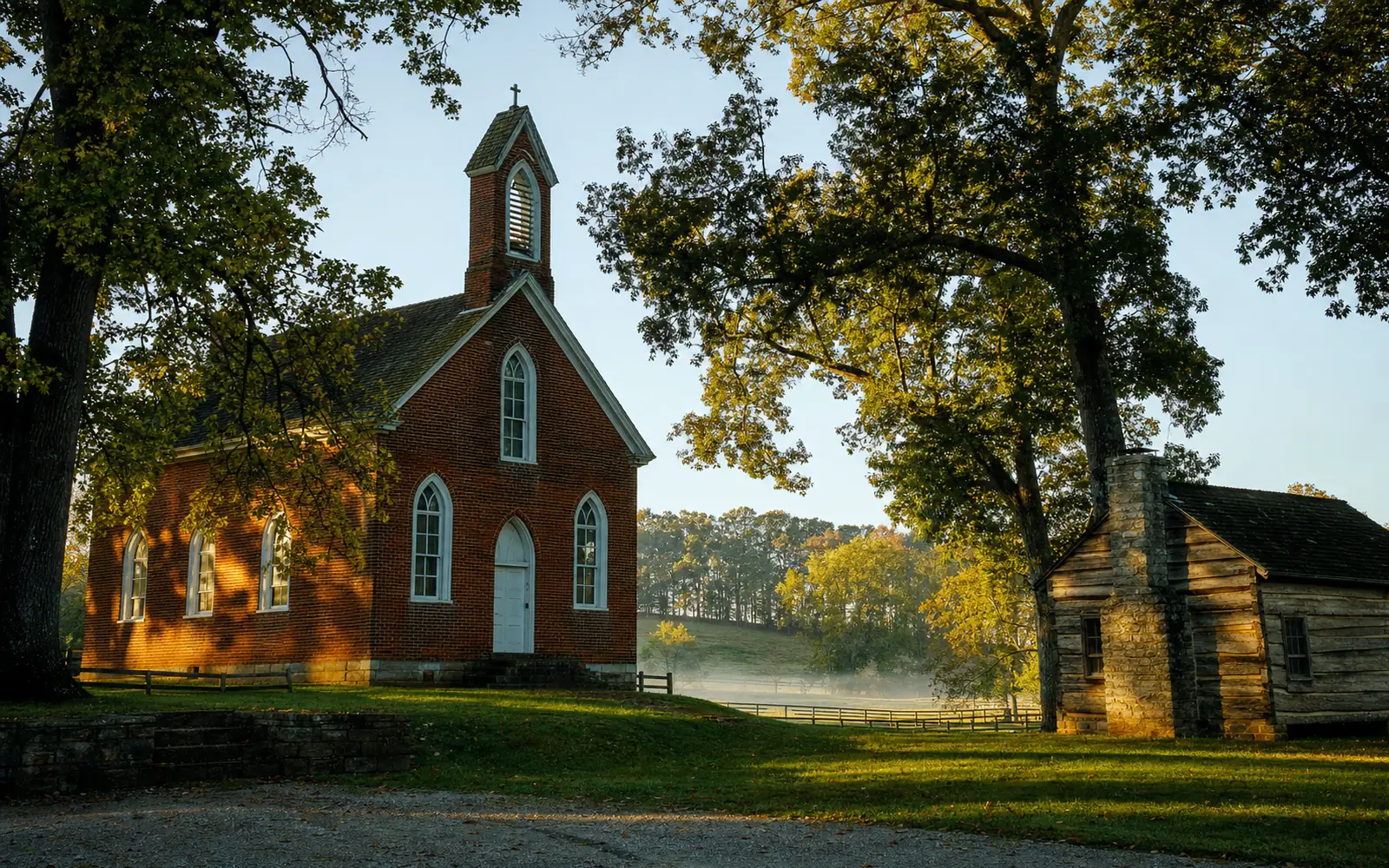Small early 19th-century red brick church with pointed Gothic windows on a grassy rise, a weathered hewn-log house under oaks beside it, AI-generated illustration