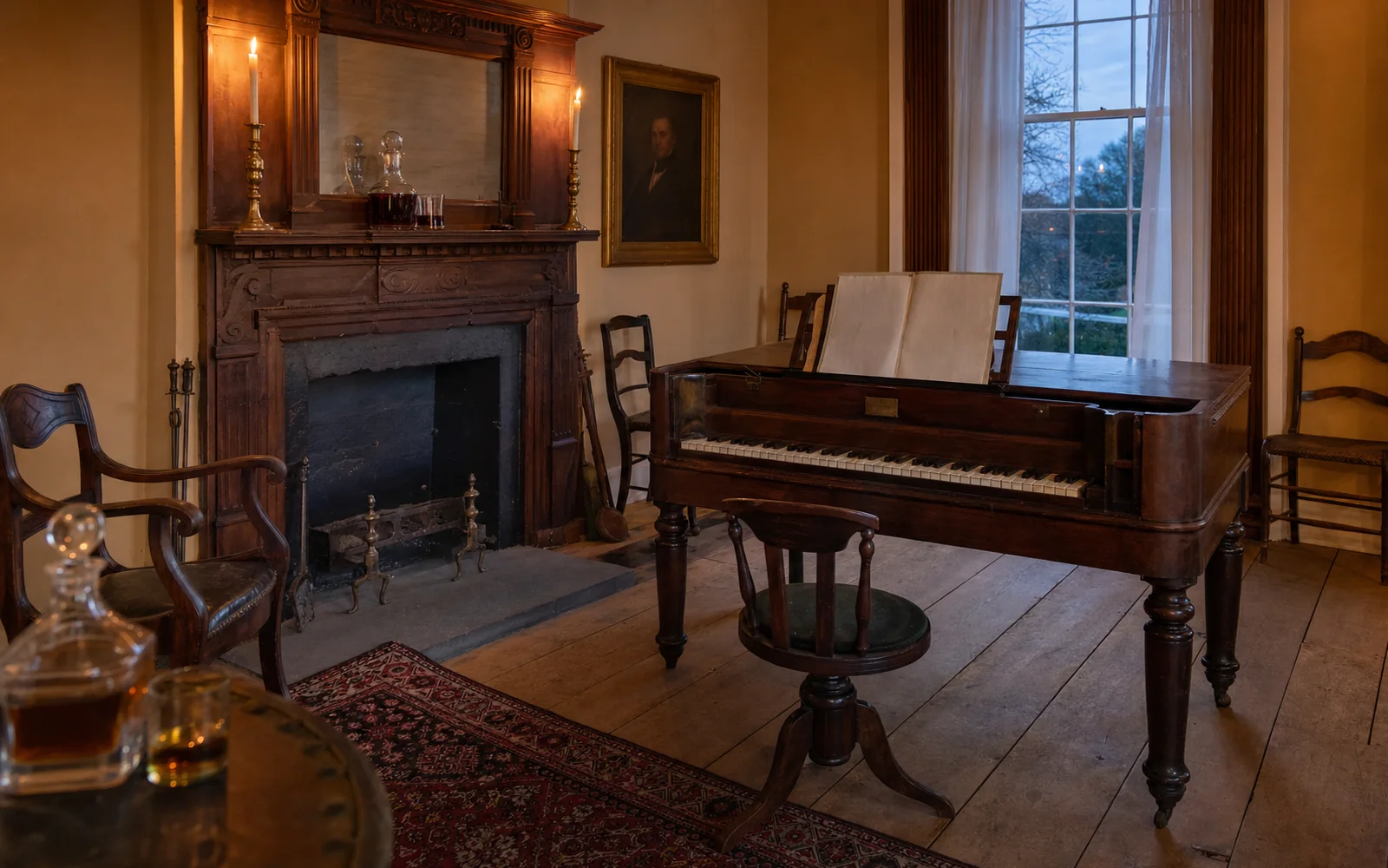 An antique square piano with open sheet music in a candlelit Federal-era parlor with tall windows and a carved wooden mantel, AI-generated illustration