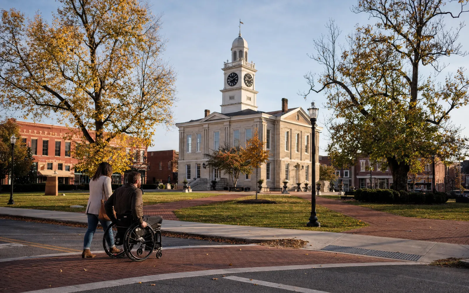 Wide brick sidewalk and curb ramp beside a historic stone courthouse on a quiet small-town square in autumn, AI-generated illustration