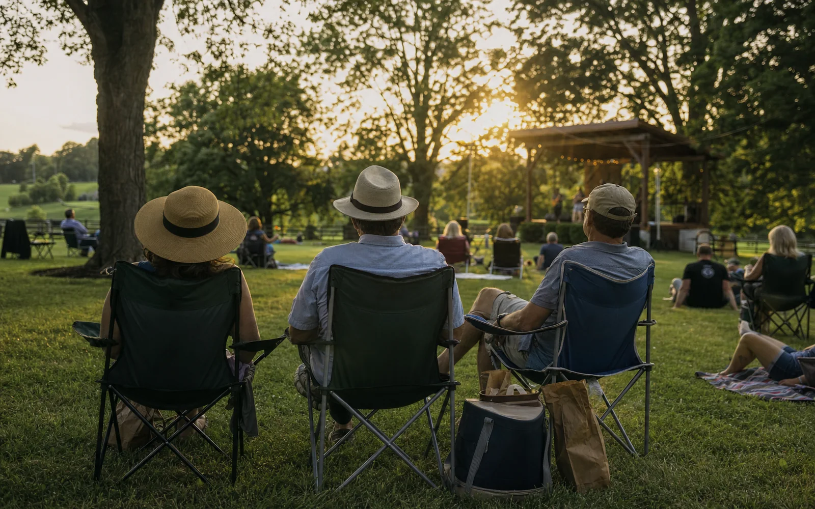 Adults relaxing in folding lawn chairs on the grass of a town park at golden hour, waiting for a free outdoor concert, AI-generated illustration