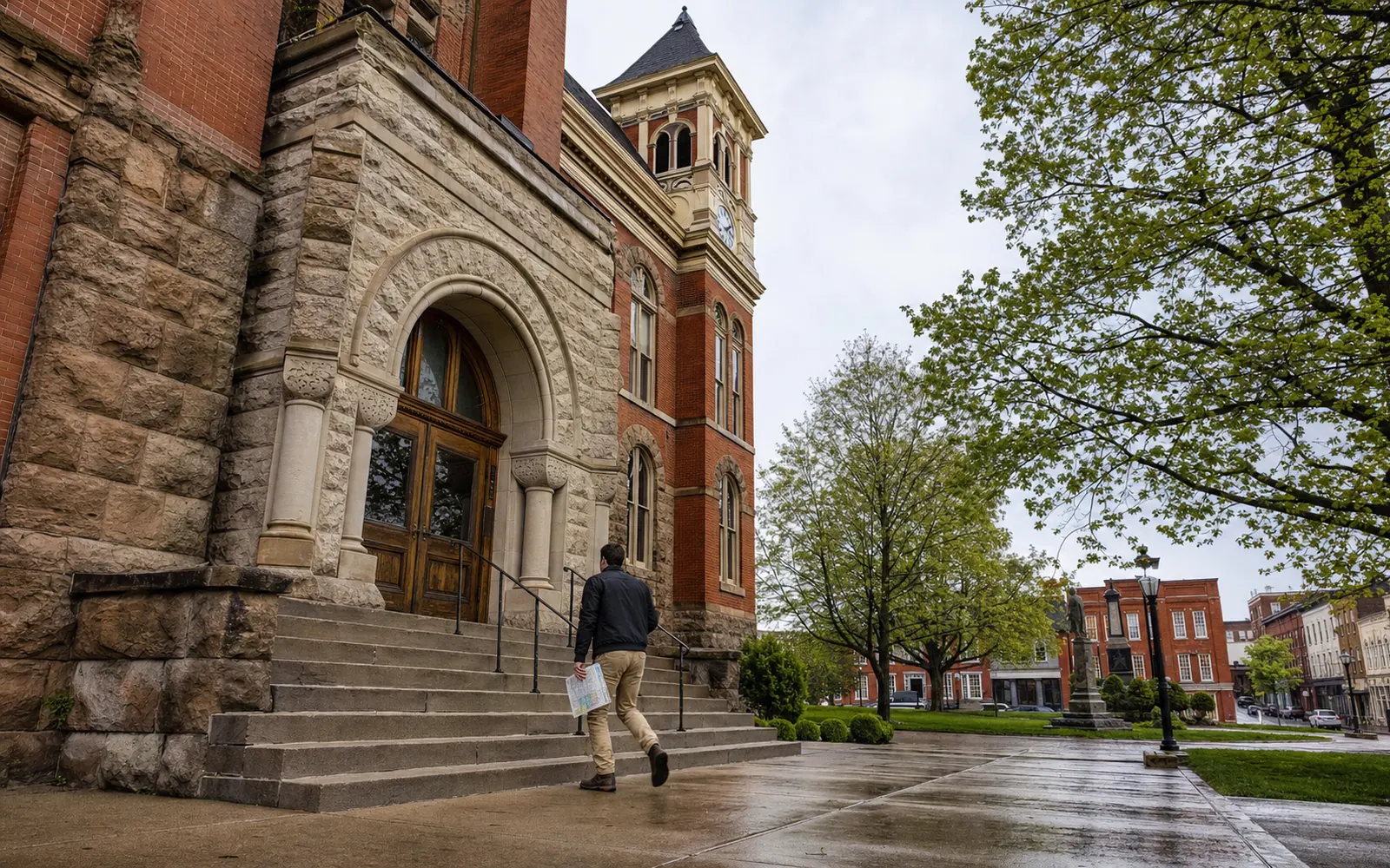 Arched entrance and stone steps of a Victorian stone-and-brick courthouse with a clock tower above, in soft morning light, AI-generated illustration