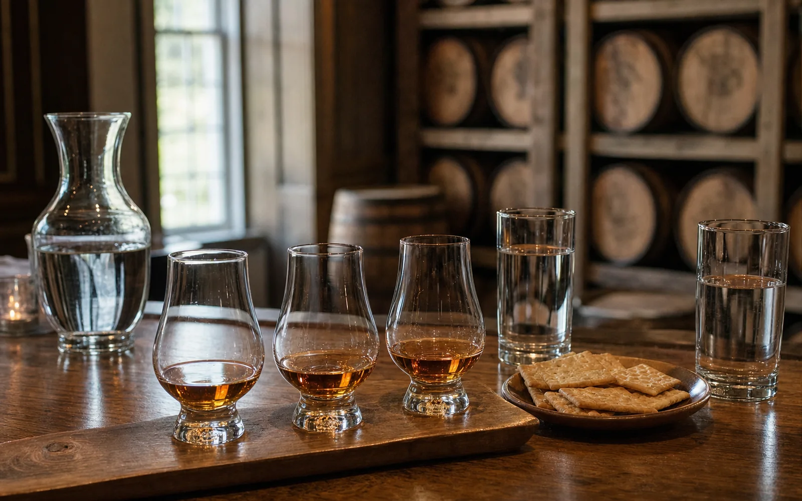 Small tasting glasses of bourbon and a carafe of water on a wooden bar in a distillery tasting room, AI-generated illustration