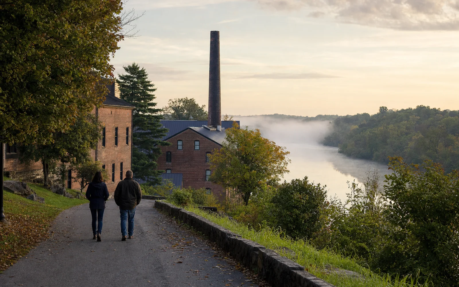 Red brick distillery buildings and a tall smokestack beside a river in early morning light, AI-generated illustration