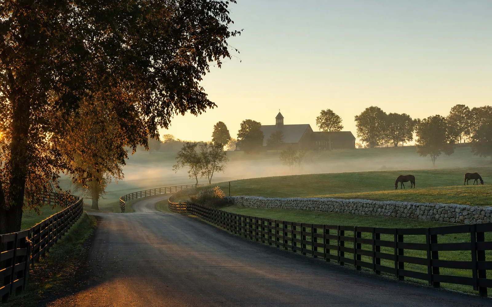 Black plank horse fence along a country road with rolling bluegrass pasture and a stone barn in morning mist, AI-generated illustration