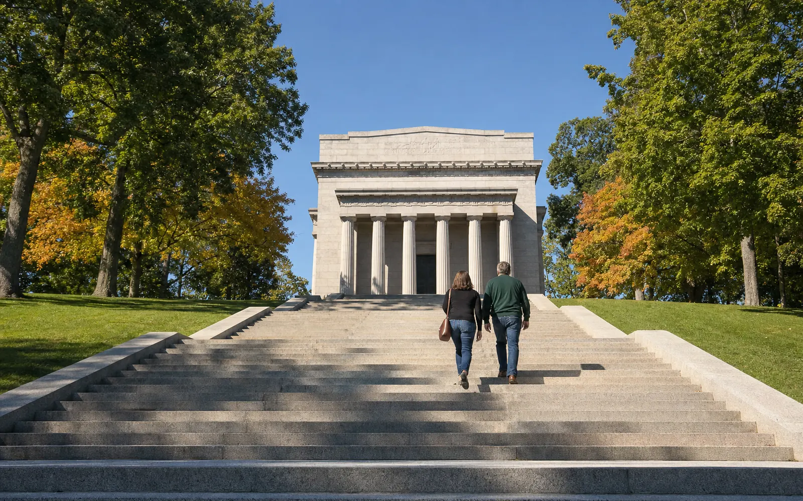Neoclassical granite memorial building with wide steps at the top of a grassy hill under autumn trees, AI-generated illustration