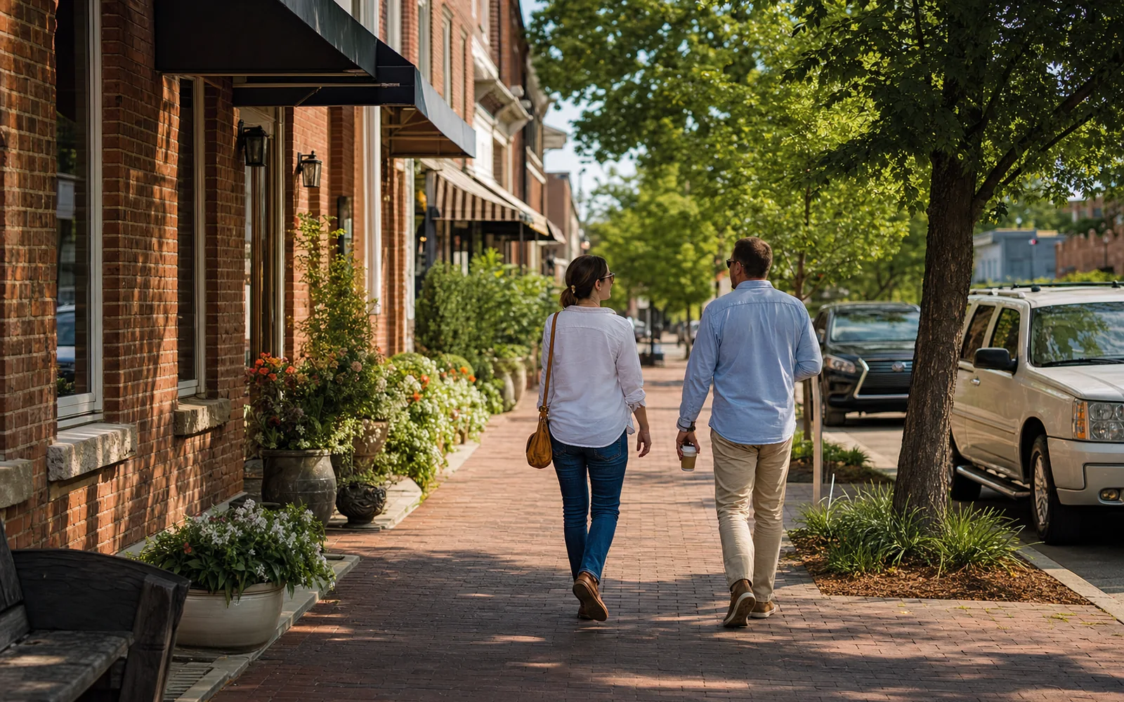 Two adults walking along a brick sidewalk past two-story brick storefronts with angled parked cars on a sunny late-morning street, AI-generated illustration