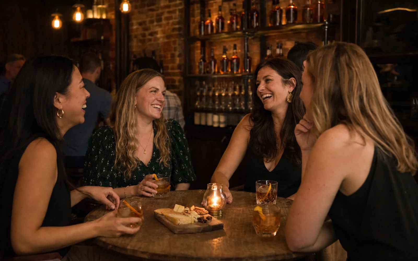 Four women laughing around a lamp-lit table with bourbon cocktails and a small charcuterie board in a brick-walled bar, AI-generated illustration