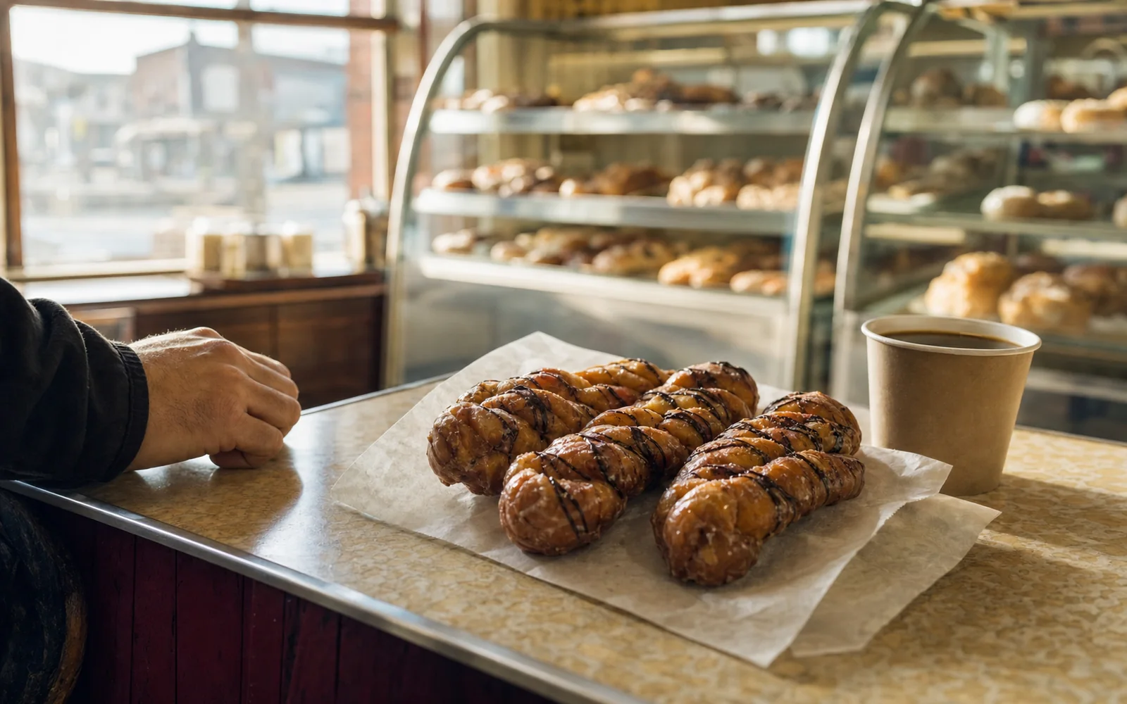 Glazed cinnamon twist pastries with chocolate drizzle on wax paper beside a paper coffee cup on a small bakery counter in morning light, AI-generated illustration
