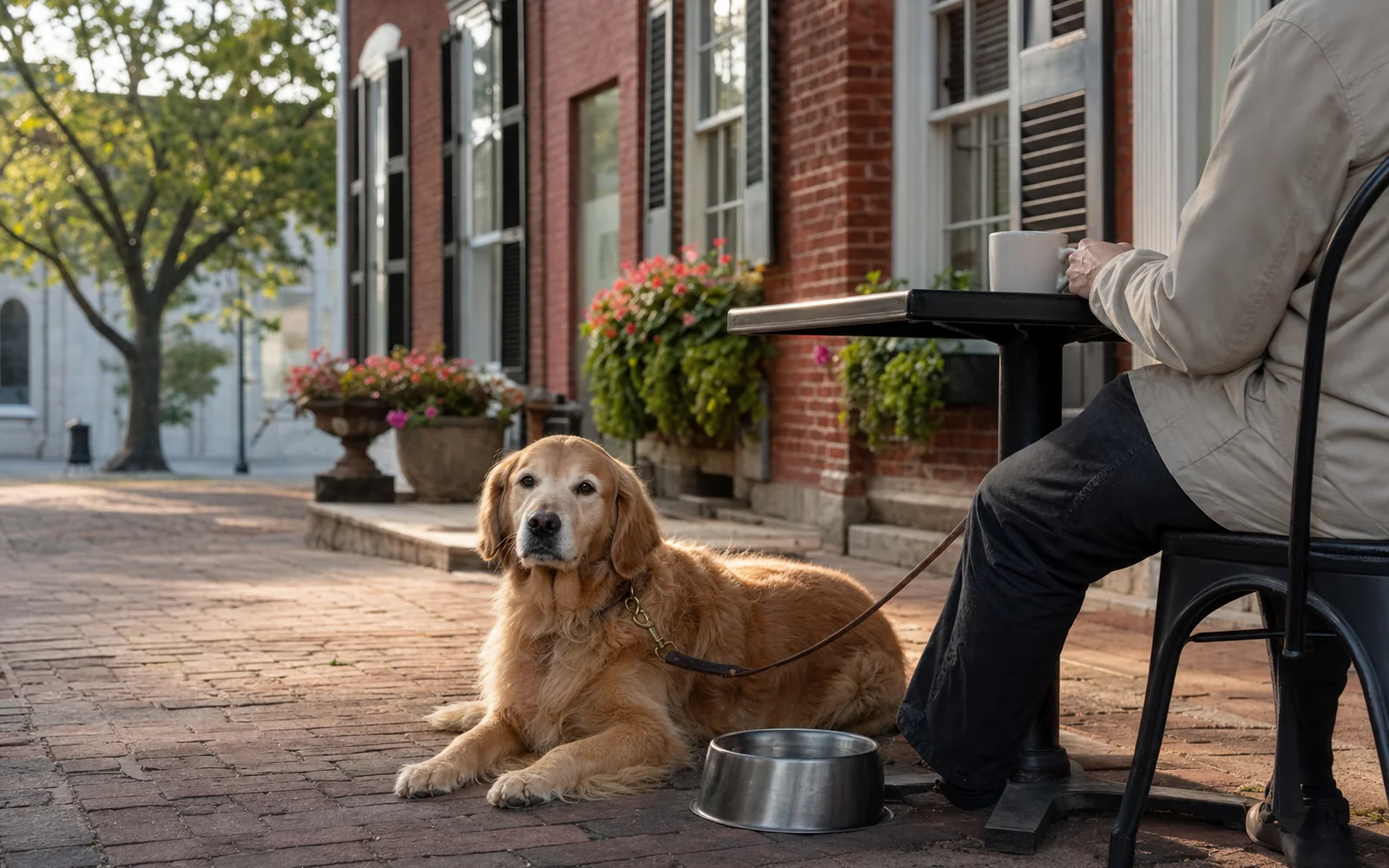 Leashed golden retriever resting beside a café table on a brick sidewalk in a historic small town, AI-generated illustration