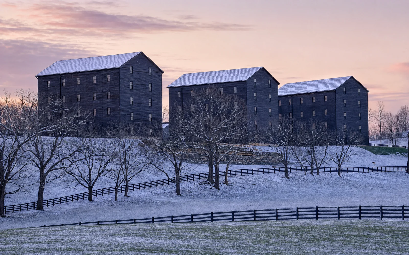 Tall dark-sided bourbon warehouses on a hillside dusted with light snow under a pale winter dawn sky, AI-generated illustration