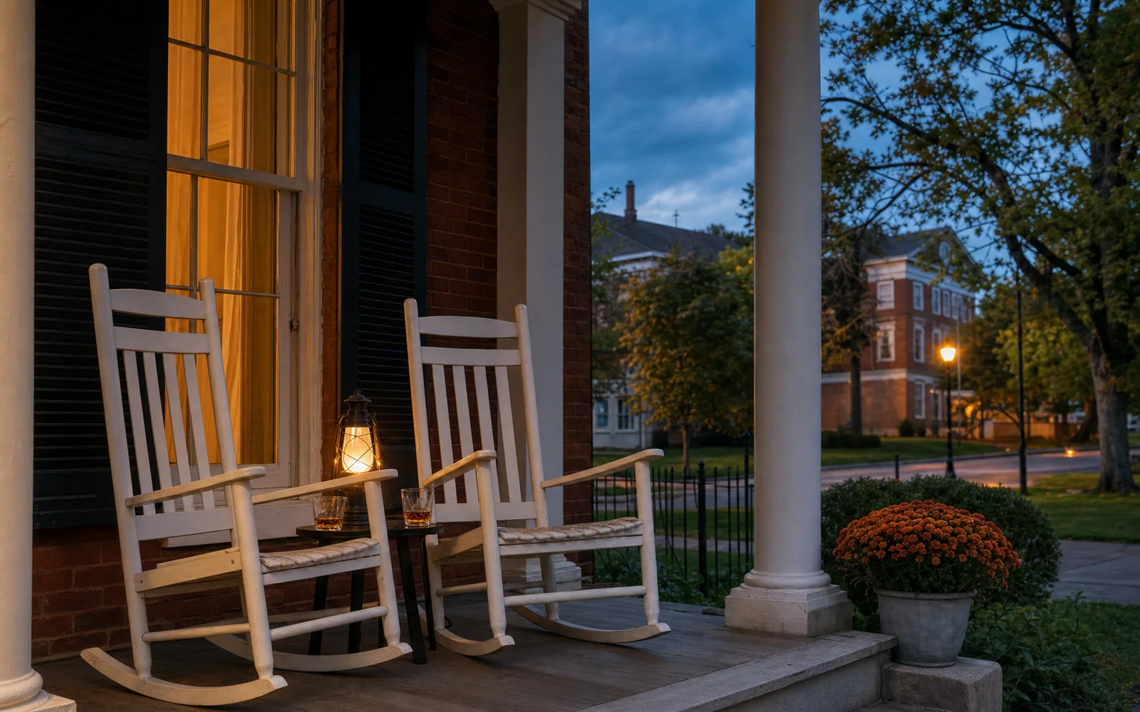 Two rocking chairs, a small side table with two glasses of bourbon and a glowing lantern on the porch of a historic brick inn at dusk, AI-generated illustration