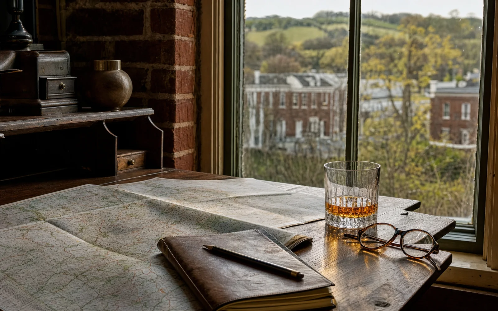 A wooden desk by a tall window holding a paper map of central Kentucky, a notebook and a glass of bourbon in late afternoon light, AI-generated illustration
