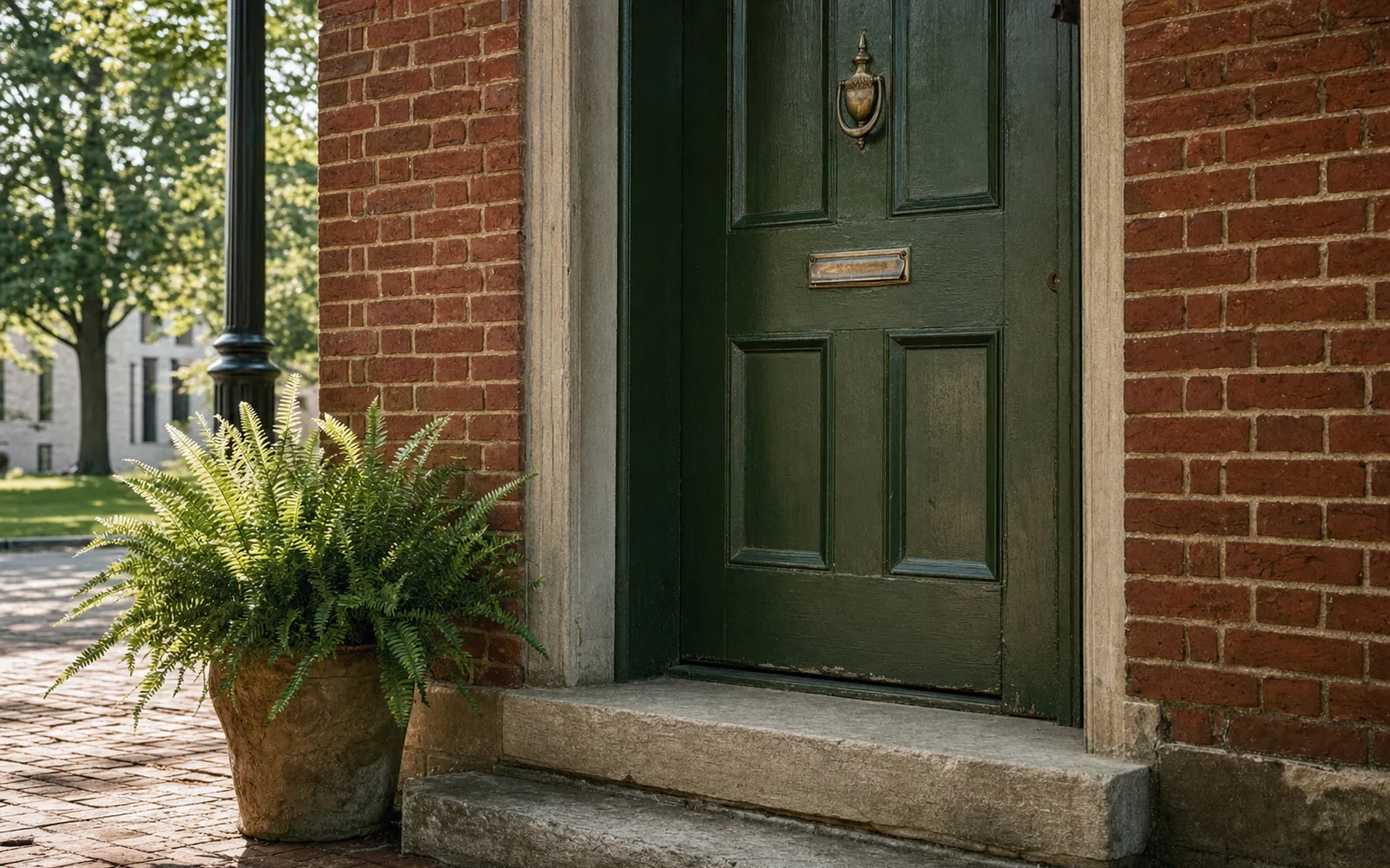 A brass mail slot in a green painted wooden door on a brick building, AI-generated illustration
