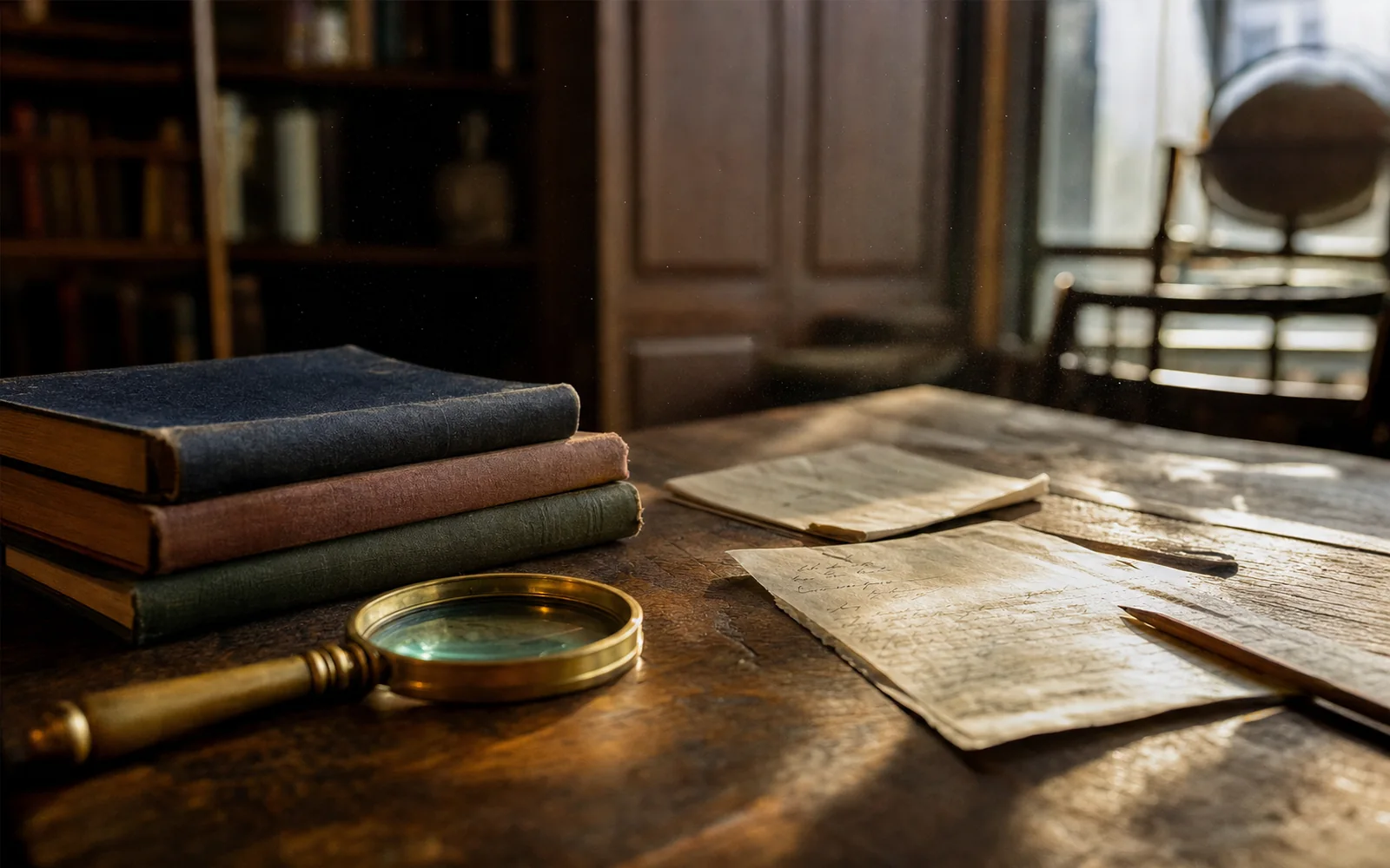 Stacked old books, a magnifying glass and handwritten notes on a library table in warm window light, AI-generated illustration
