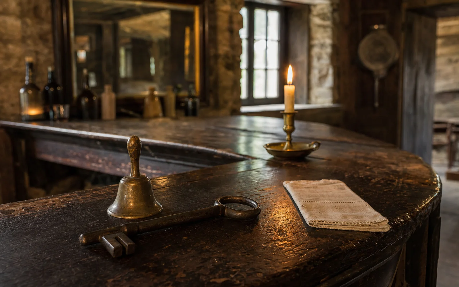 An antique iron key on a worn wooden tavern bar top in candlelight, AI-generated illustration