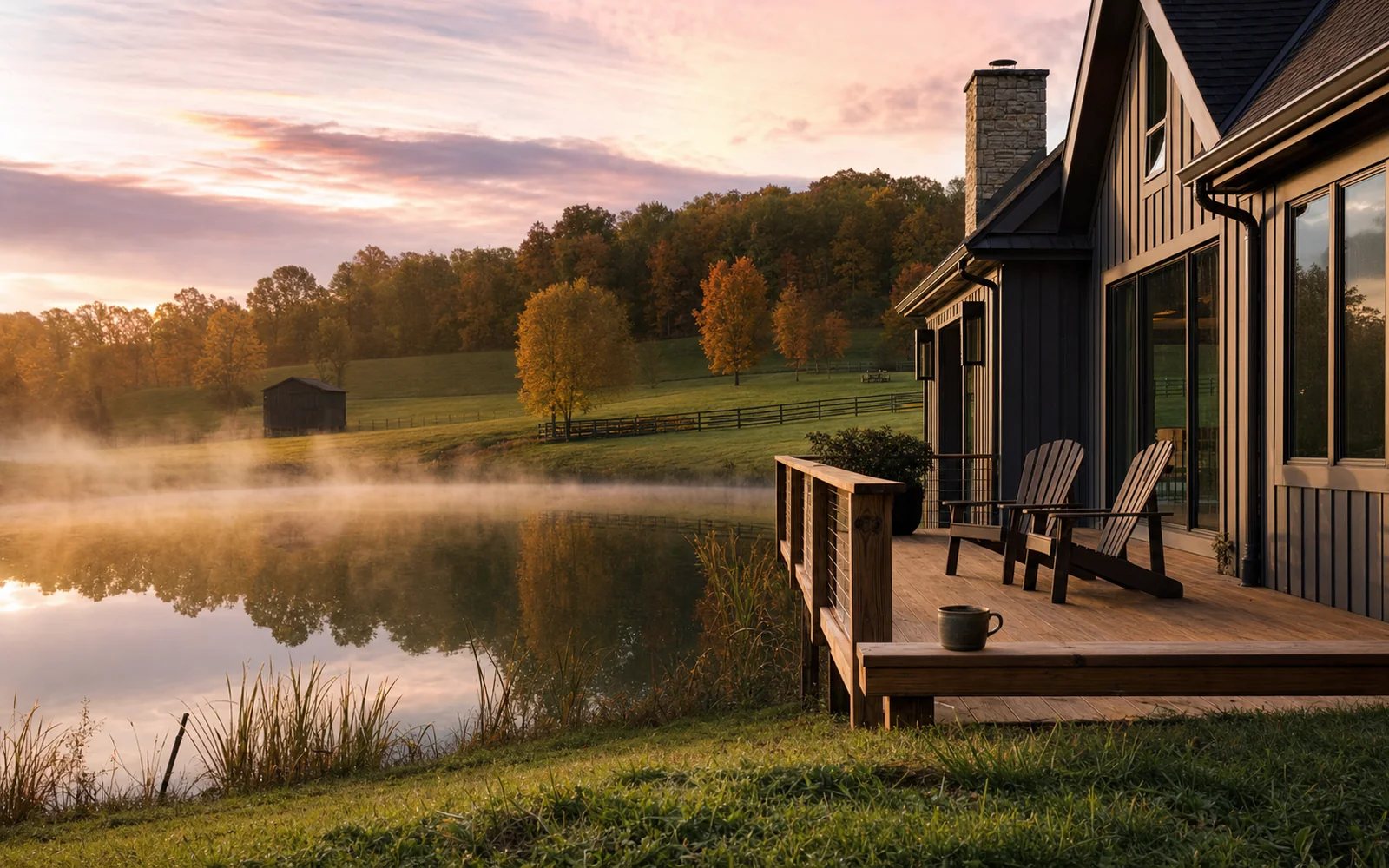 Timber cottage with a wide deck overlooking a small lake in rolling Kentucky farmland at sunrise, AI-generated illustration