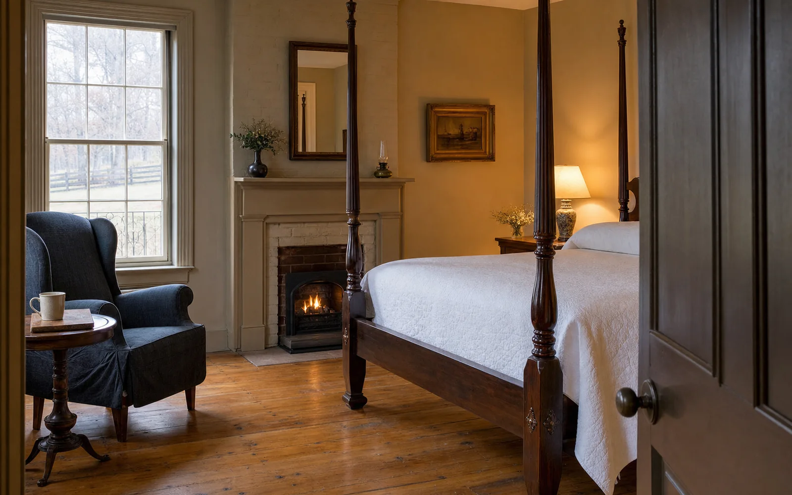 Antique four-poster bed beside a lit brick fireplace in a Federal-style guest room, morning light through tall windows, AI-generated illustration