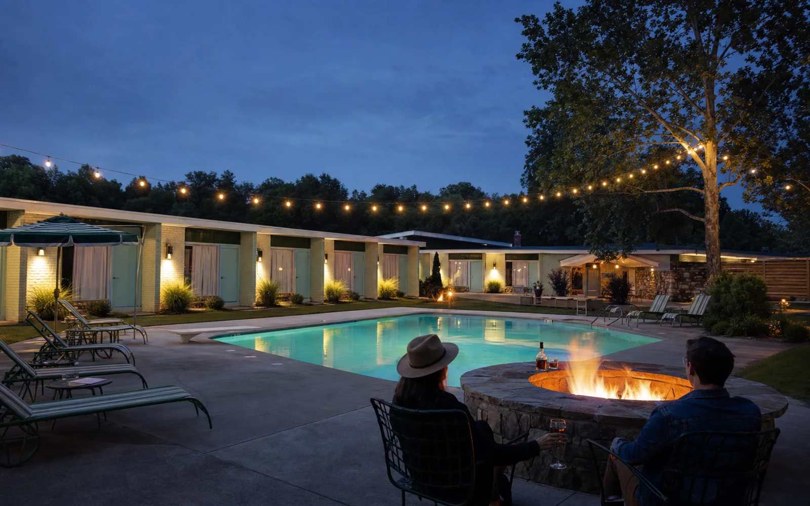 Restored mid-century motor lodge with a long low roofline, turquoise doors and a glowing pool at dusk, AI-generated illustration