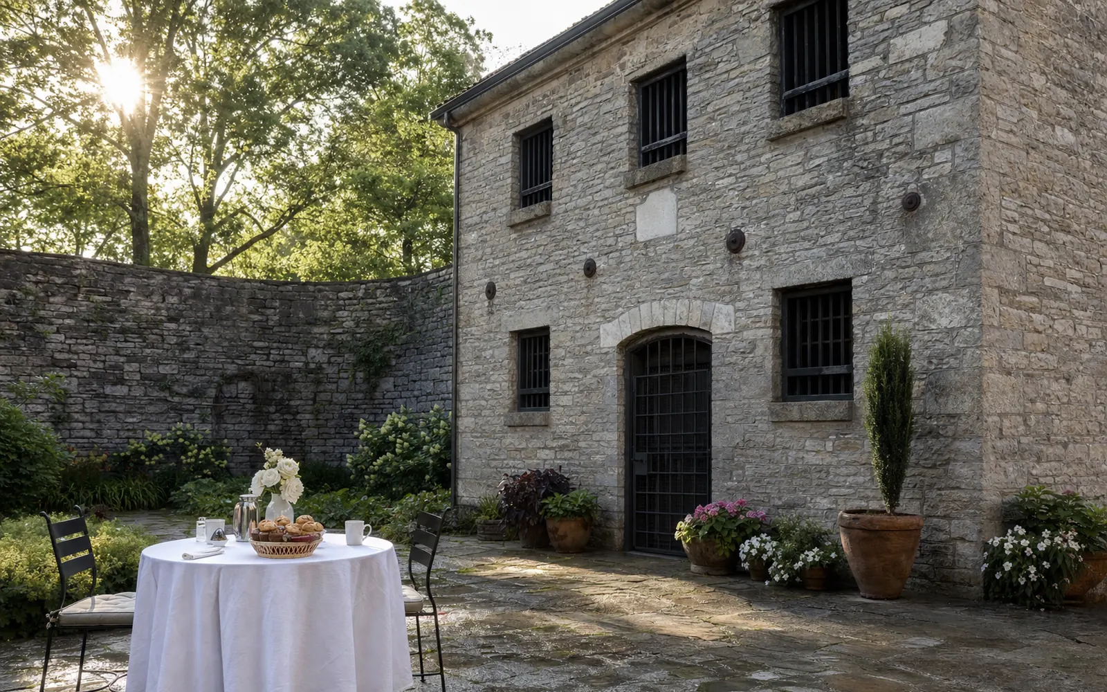 A breakfast table set in a flower-filled courtyard beside a thick-walled limestone jail building on a summer morning, AI-generated illustration