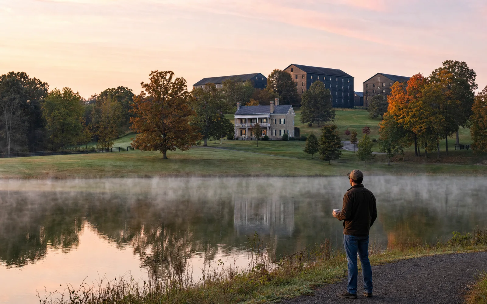 A restored two-story farmhouse beside a calm lake at sunrise, with dark bourbon rickhouses on the rolling hill behind it, AI-generated illustration