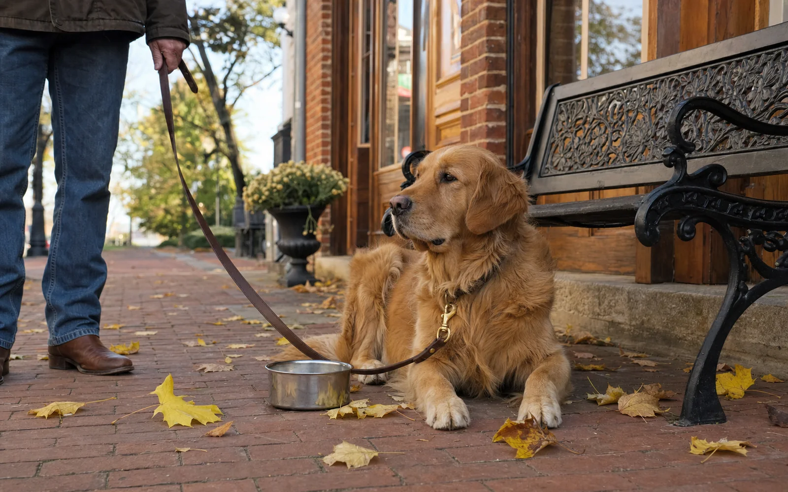 Golden retriever resting on the brick sidewalk beside an old storefront in a small Kentucky town on an autumn morning, AI-generated illustration