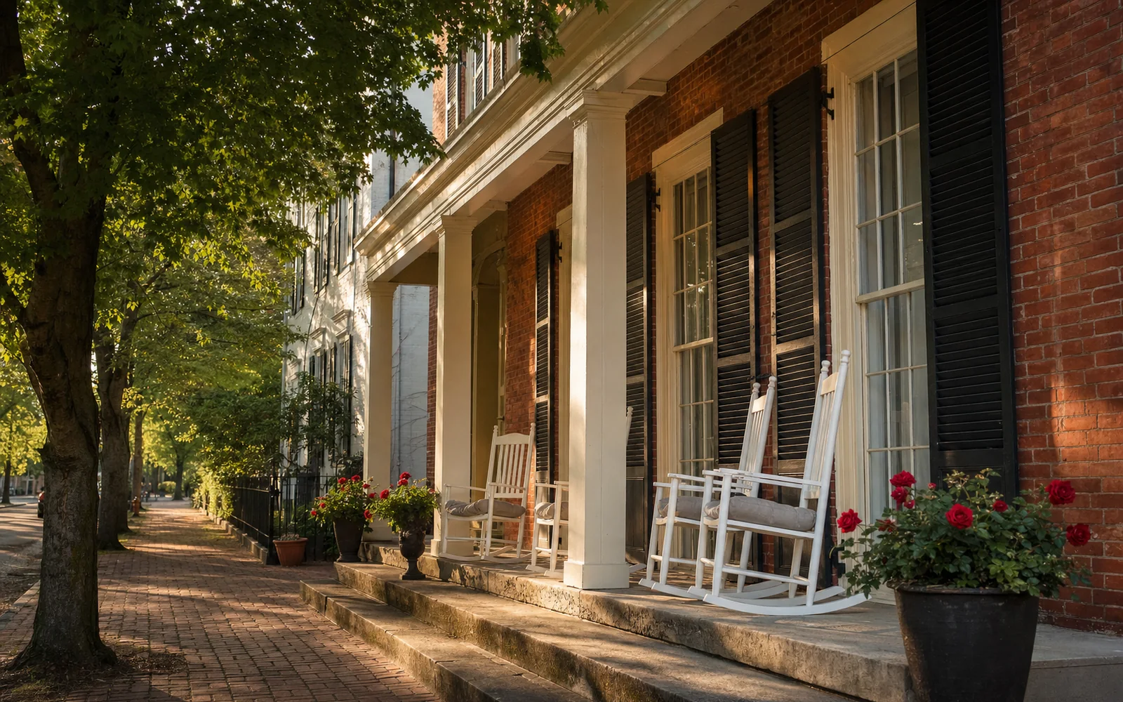 Padded rocking chairs on the front porch of an early-1800s Federal-style house on a quiet small-town avenue in late-afternoon light, AI-generated illustration