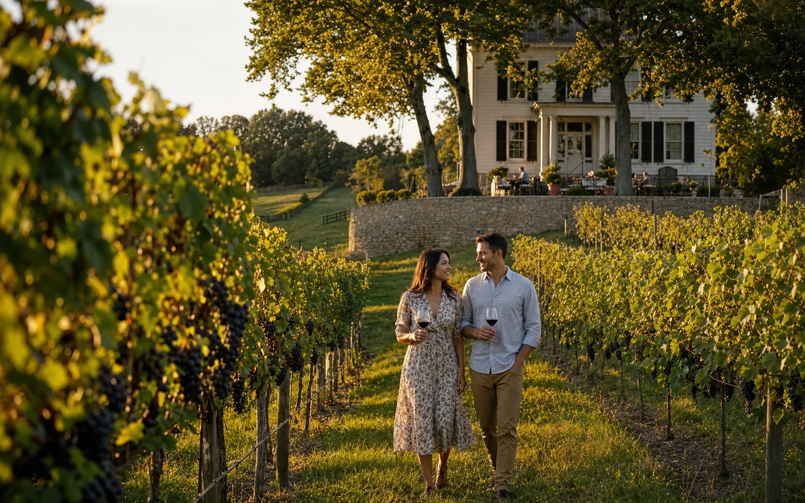 Rows of grapevines heavy with dark grapes leading up to a two-story 1850s country mansion in soft evening light, AI-generated illustration