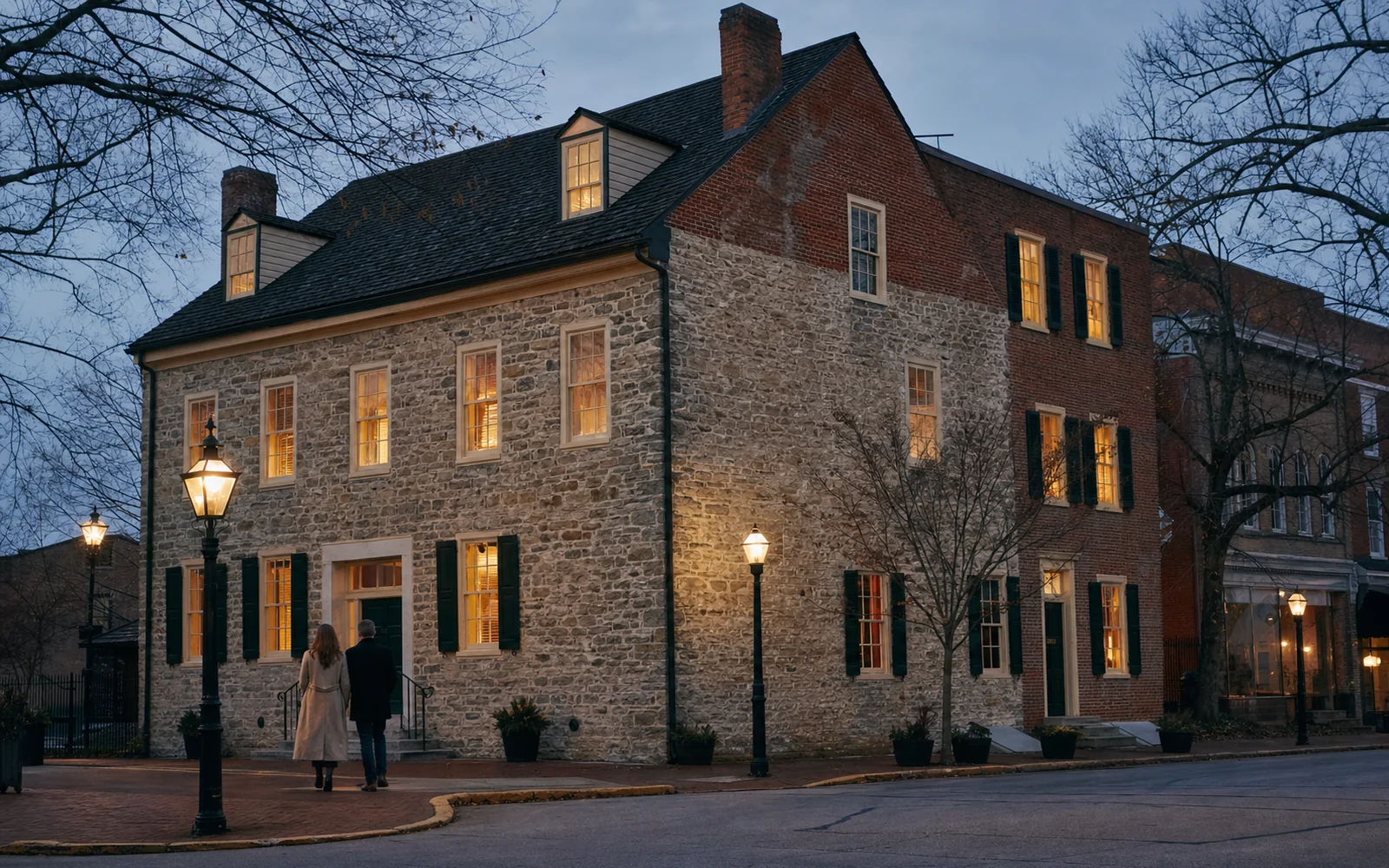 A late-18th-century tavern of thick fieldstone joined to a brick wing, windows glowing at dusk on a small-town square, AI-generated illustration