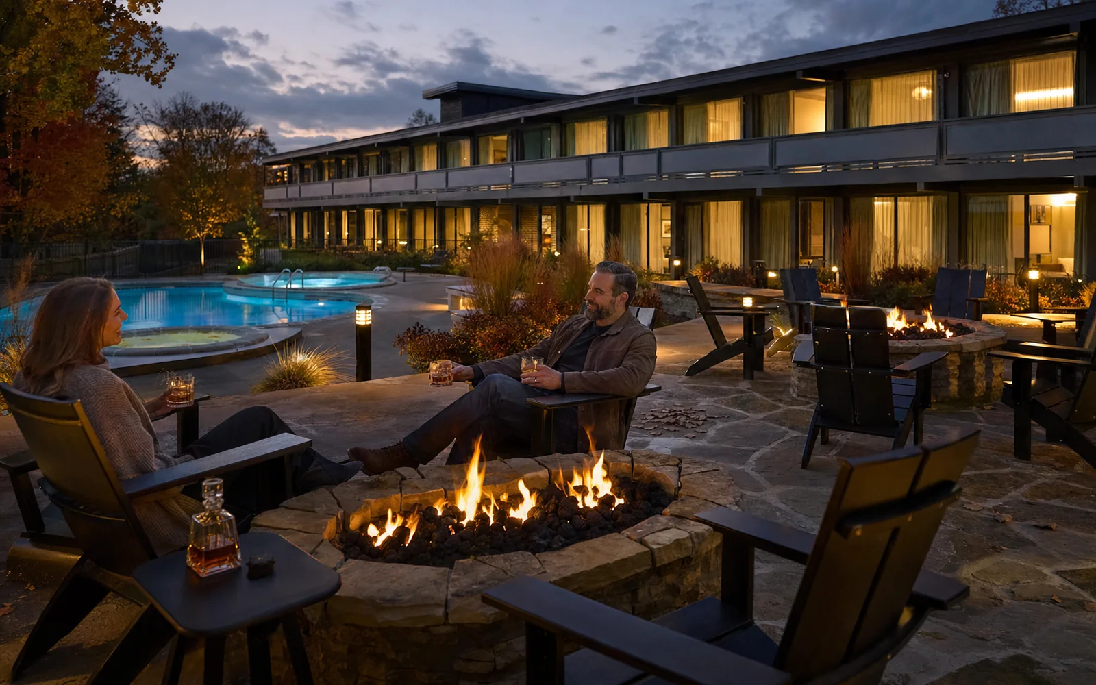 Fire pits and Adirondack chairs glowing at dusk in an open-air courtyard beside a renovated low-rise 1970s hotel, AI-generated illustration
