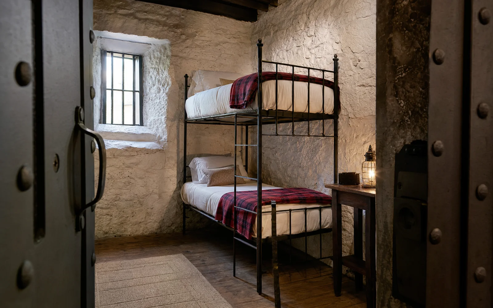 Thick limestone walls and a barred window in a converted jail guest room with a made-up bunk bed, AI-generated illustration