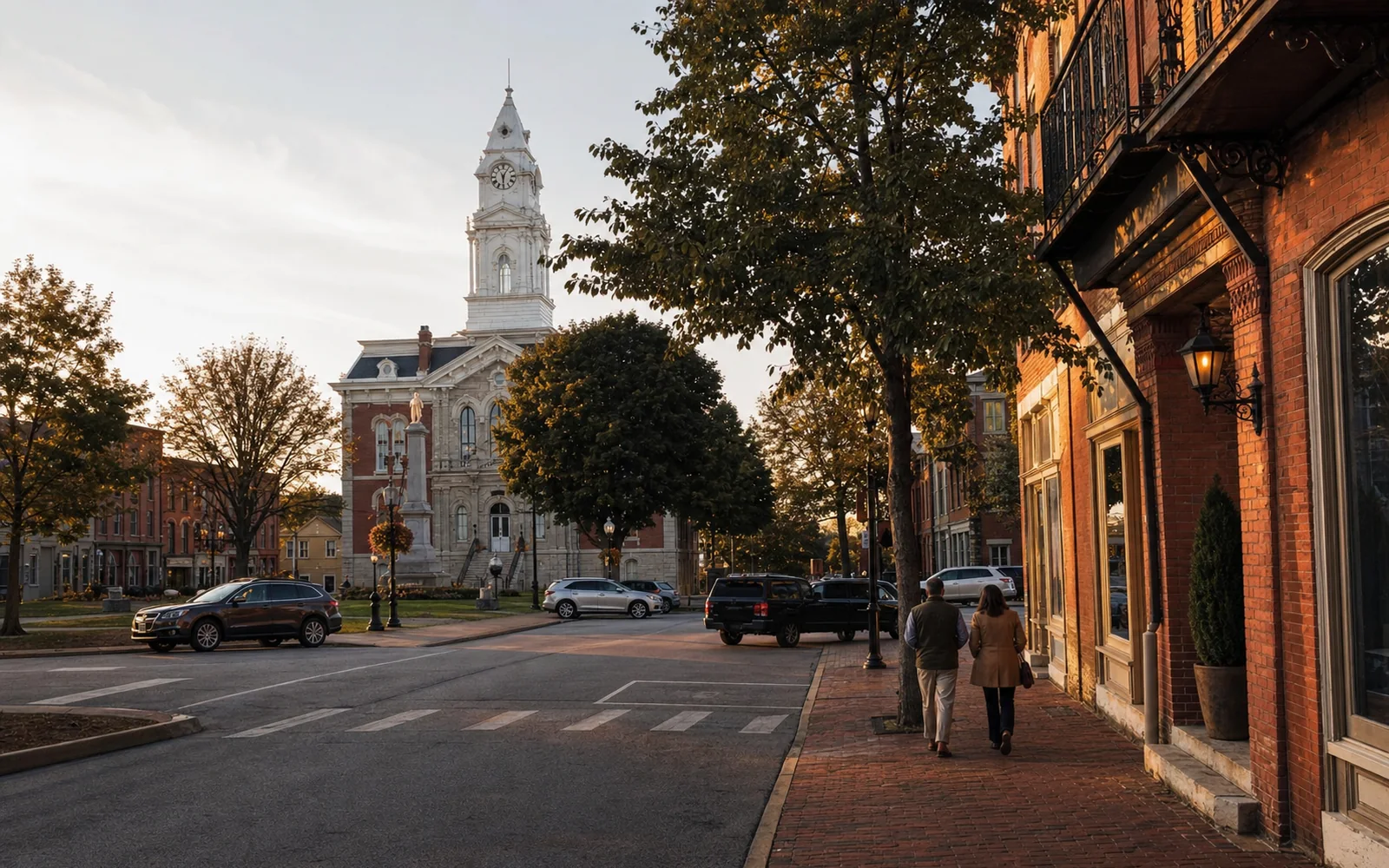 Brick storefronts and an old stone courthouse on a small-town square at golden hour, AI-generated illustration